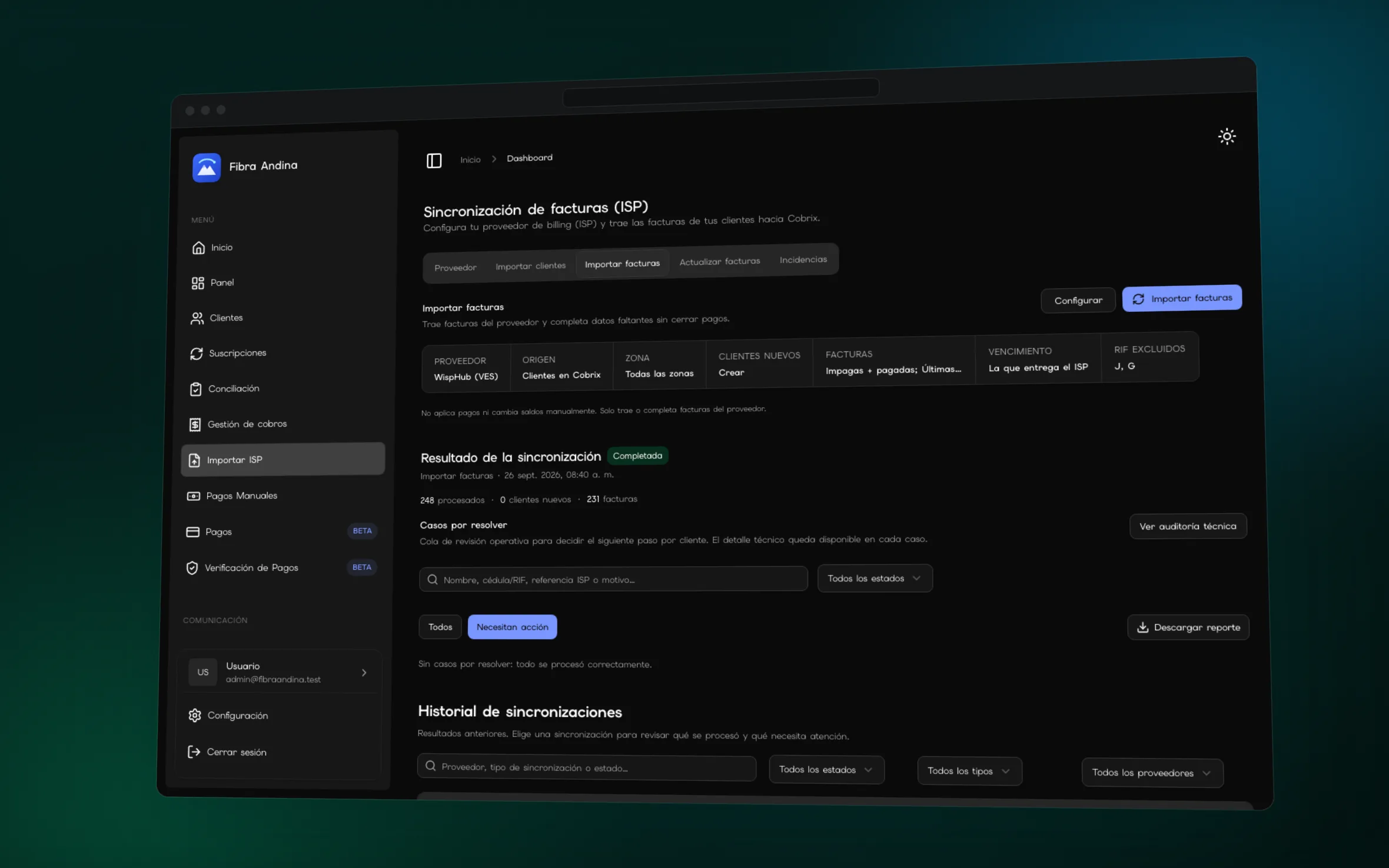 Sincronización de facturas con WispHub en Cobrix: configuración, resultado de la importación y casos por resolver.