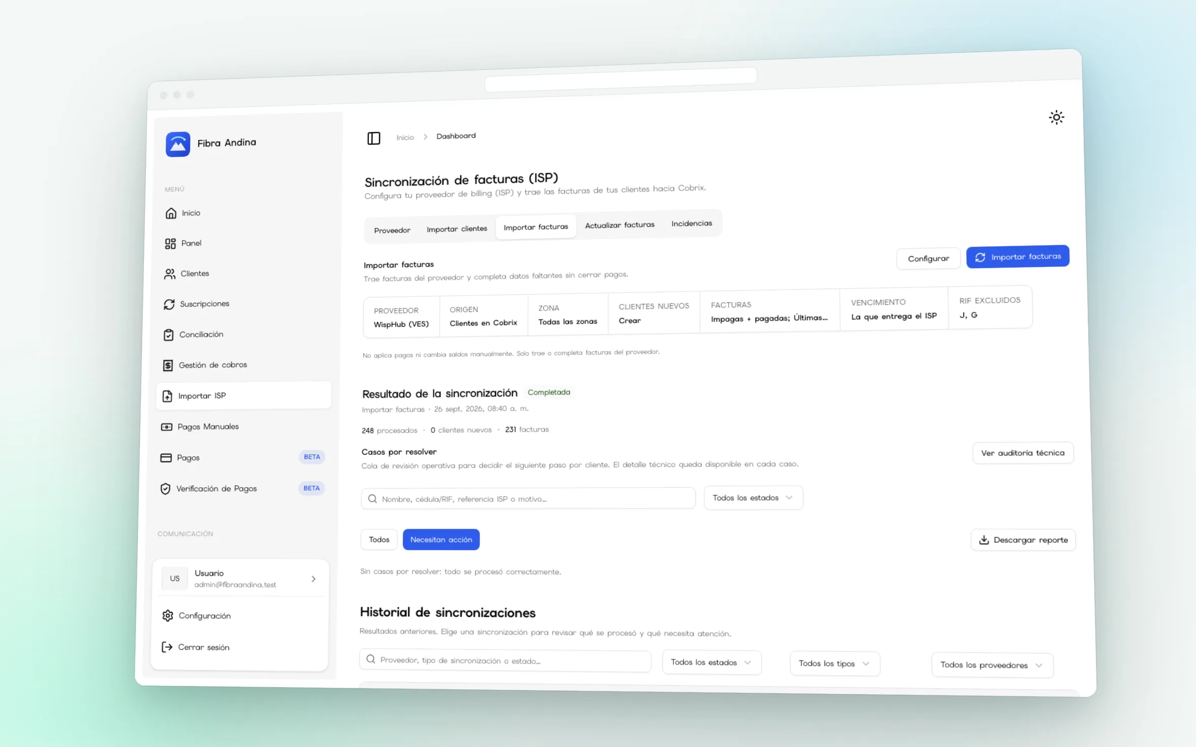 Sincronización de facturas con WispHub en Cobrix: configuración, resultado de la importación y casos por resolver.